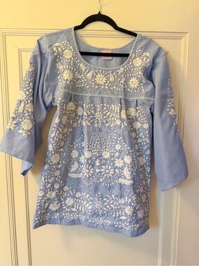 Blue and White Mexican Embroidered Women's Tunic Top